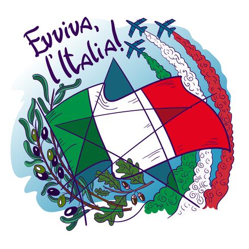 Il logo contiene simboli dell&#39;Italia-Frecce tricolori frecce tricolori nel cielo, ramo d&#39;ulivo, quercia, bandiera e stella. vettore
