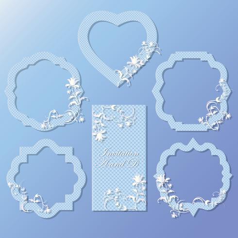 Un set di cornici, carte per la celebrazione. Può essere usato per matrimonio, anniversario, compleanno. Bel design. vettore