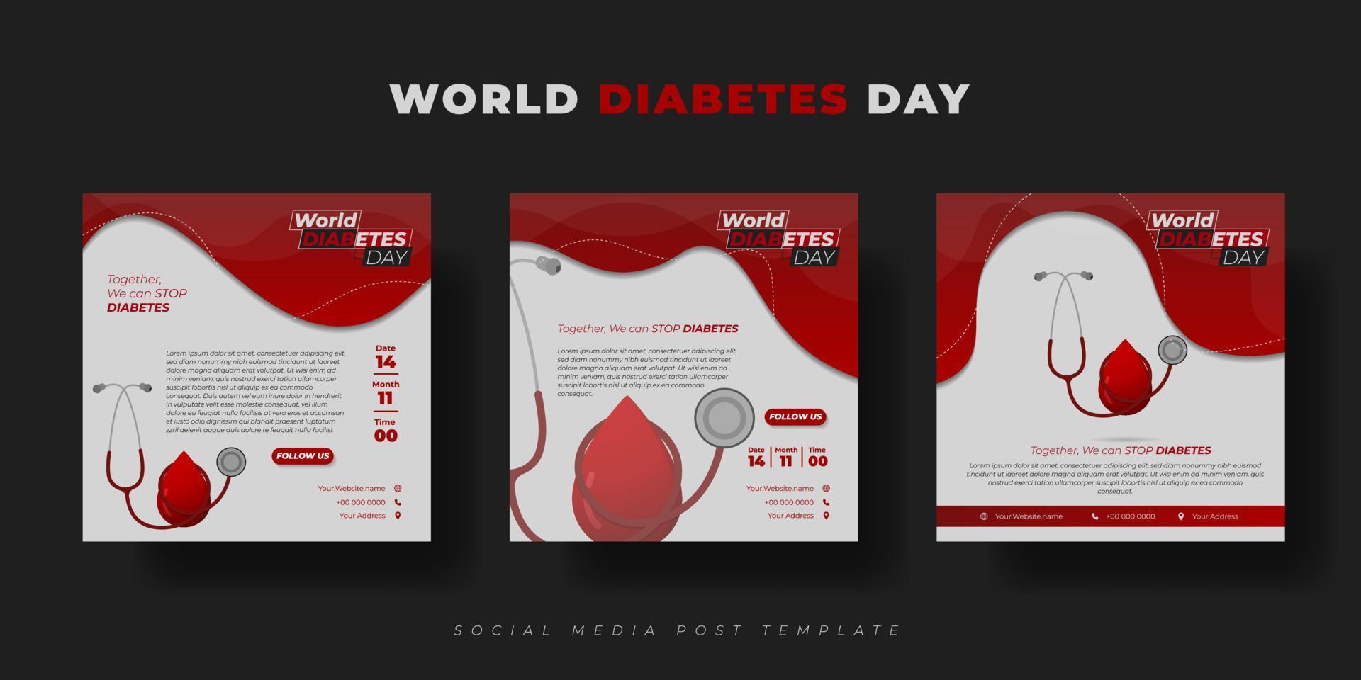 set di modelli di post sui social media. design del modello di giornata mondiale del diabete. modello di post sui social media con design del sangue e dello stetoscopio. vettore