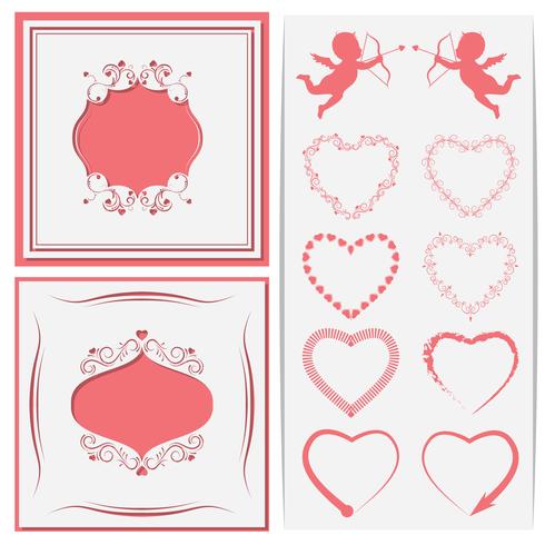 Una serie di quadri tagliati su carta. Set di cuori per amorini e design. Illustrazione vettoriale