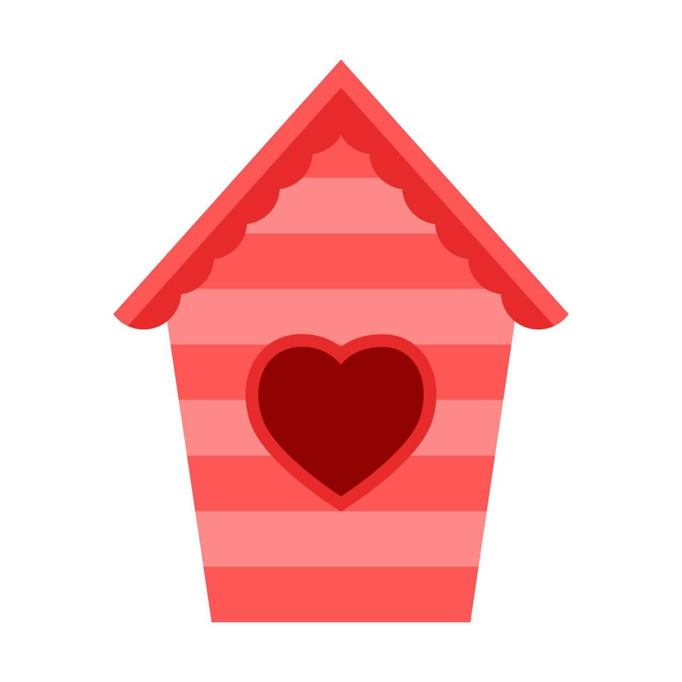 una casetta per uccelli rossa con una finestra a forma di cuore. illustrazione carina in stile cartone animato piatto.isolato su uno sfondo bianco. vettore