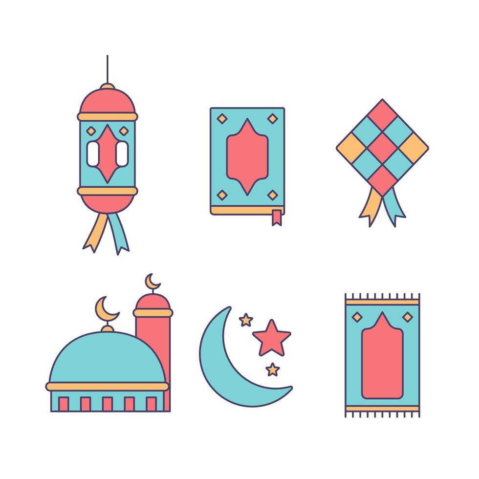 set di icone colorate ramadhan con lampada lanterna, libro al quran, ketupat, moschea, tappetino da preghiera e luna crescente vettore