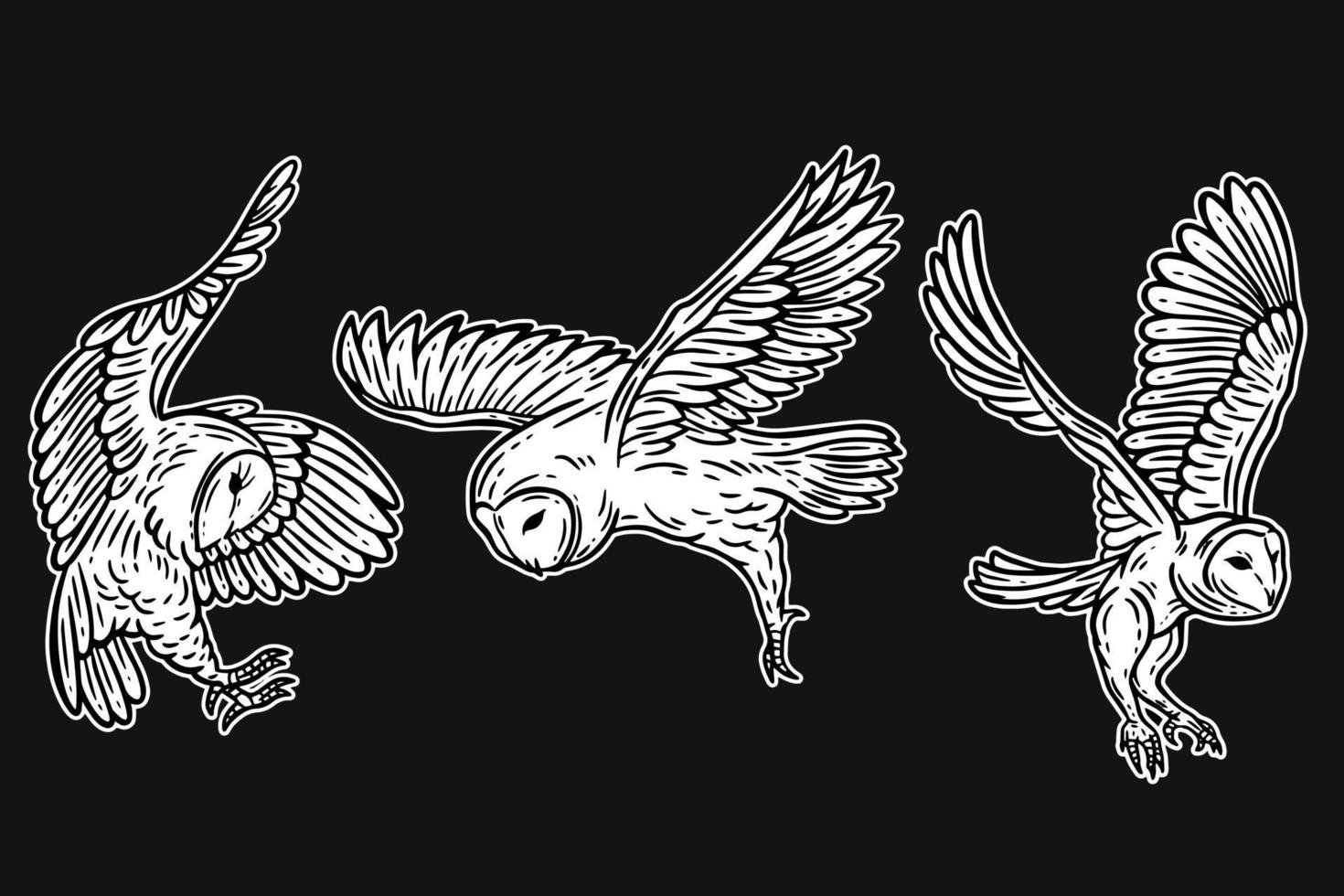 set gufo uccello animale disegnato a mano per tatuaggio e illustrazione di arte t-shirt vettore