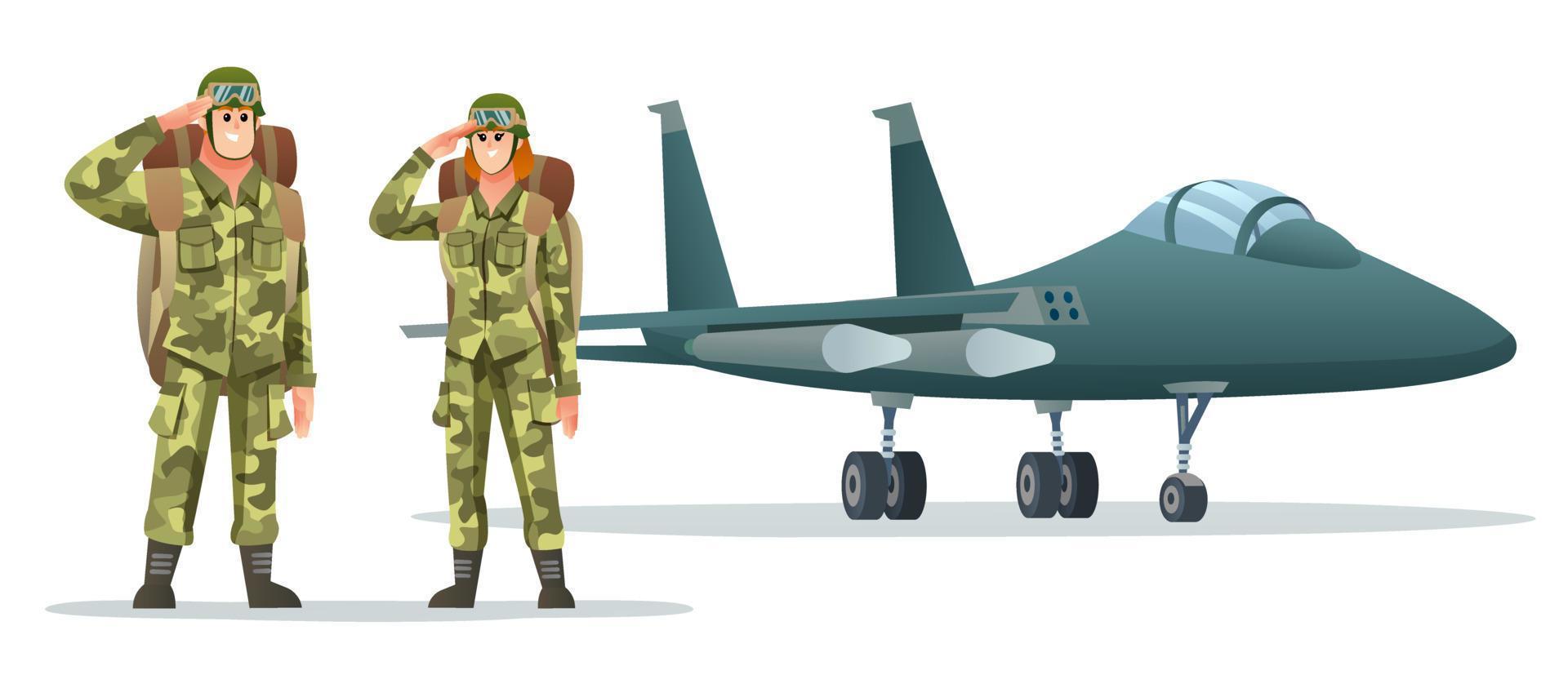 uomo e donna soldato dell'esercito che trasportano i personaggi dello zaino con l'illustrazione del fumetto dell'aereo a reazione militare vettore