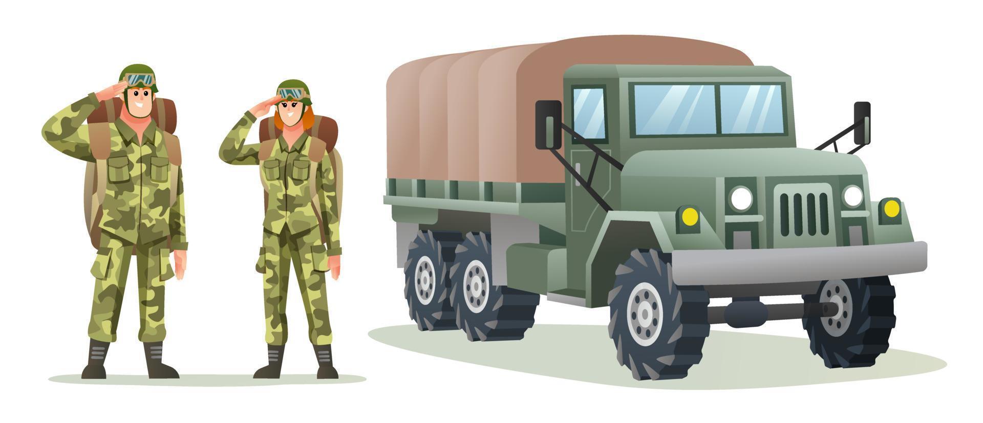 uomo e donna soldato dell'esercito che trasportano i personaggi dello zaino con l'illustrazione del fumetto del camion militare vettore