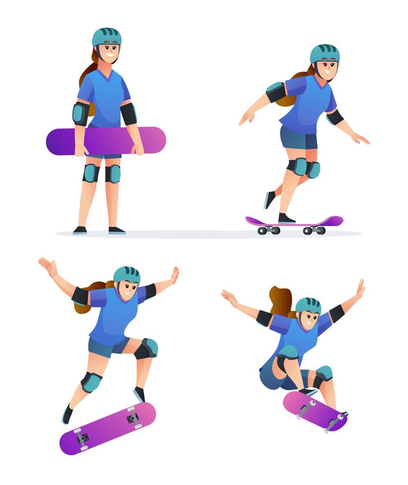 set di giovane ragazza che gioca a skateboard in varie pose illustrazione vettore