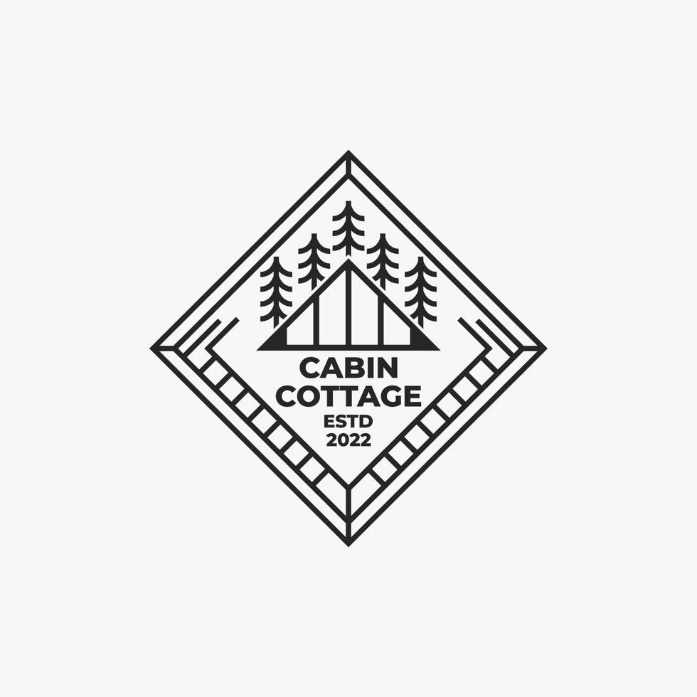 disegno dell'illustrazione vettoriale del profilo del logo del distintivo della foresta della cabina, distintivo del logo artistico della linea del cottage della cabina