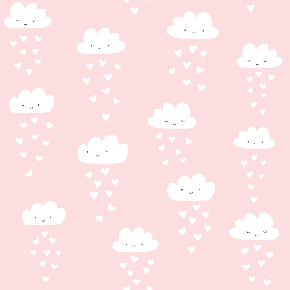 modello vettoriale con nuvole sorridenti carine con pioggia di cuore. sfondo senza soluzione di continuità di san valentino.
