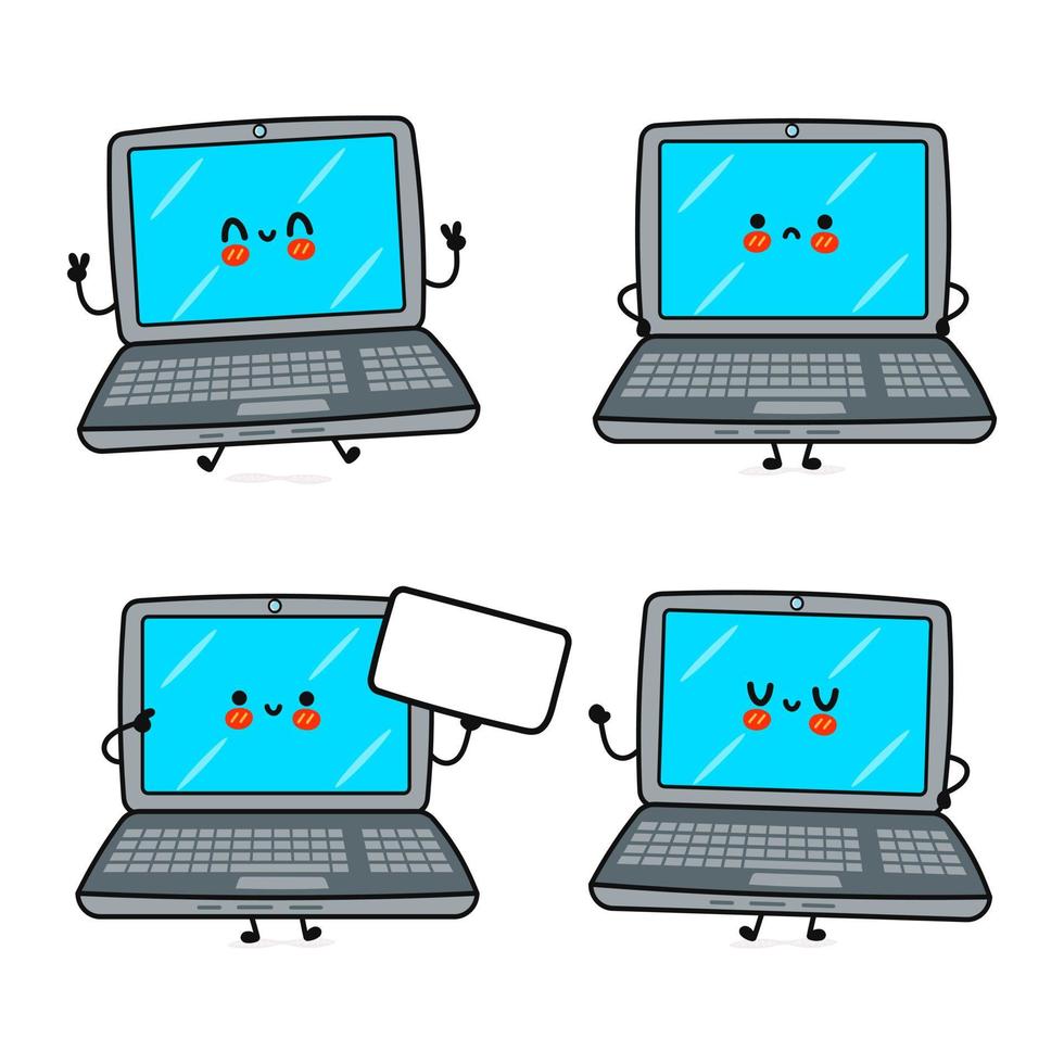 set di pacchetti di personaggi divertenti e felici per laptop. disegno dell'icona dell'illustrazione del personaggio dei cartoni animati di stile di doodle disegnato a mano di vettore. isolato su sfondo blu. collezione di simpatici personaggi mascotte per laptop vettore