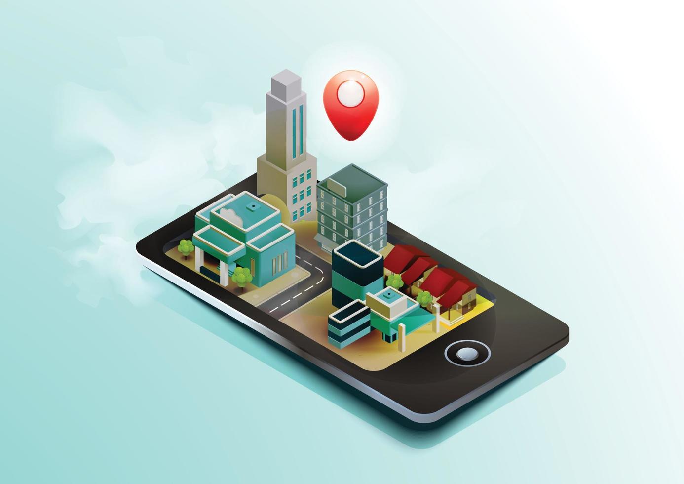 piano isometrico della città con edifici e strade sullo smartphone. navigazione mobile. mappa, schema di navigazione, navigazione in un'applicazione mobile vettore