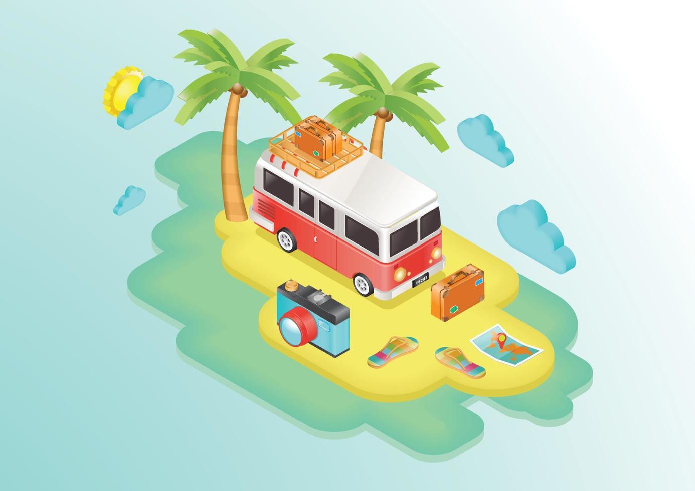 spiaggia mare oceano van vacanze estive piatto 3d isometrico moderno concetto di design vettore. palme, nuvole, valigie, macchine fotografiche, mappe. illustrazione di banner web. vettore