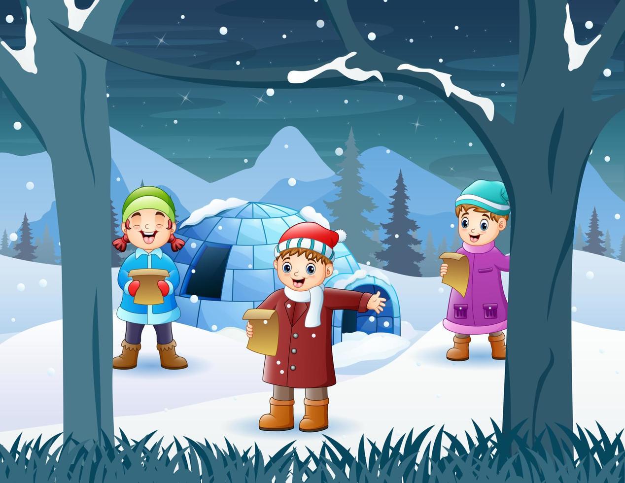 tre bambini in abiti invernali che cantano insieme vettore