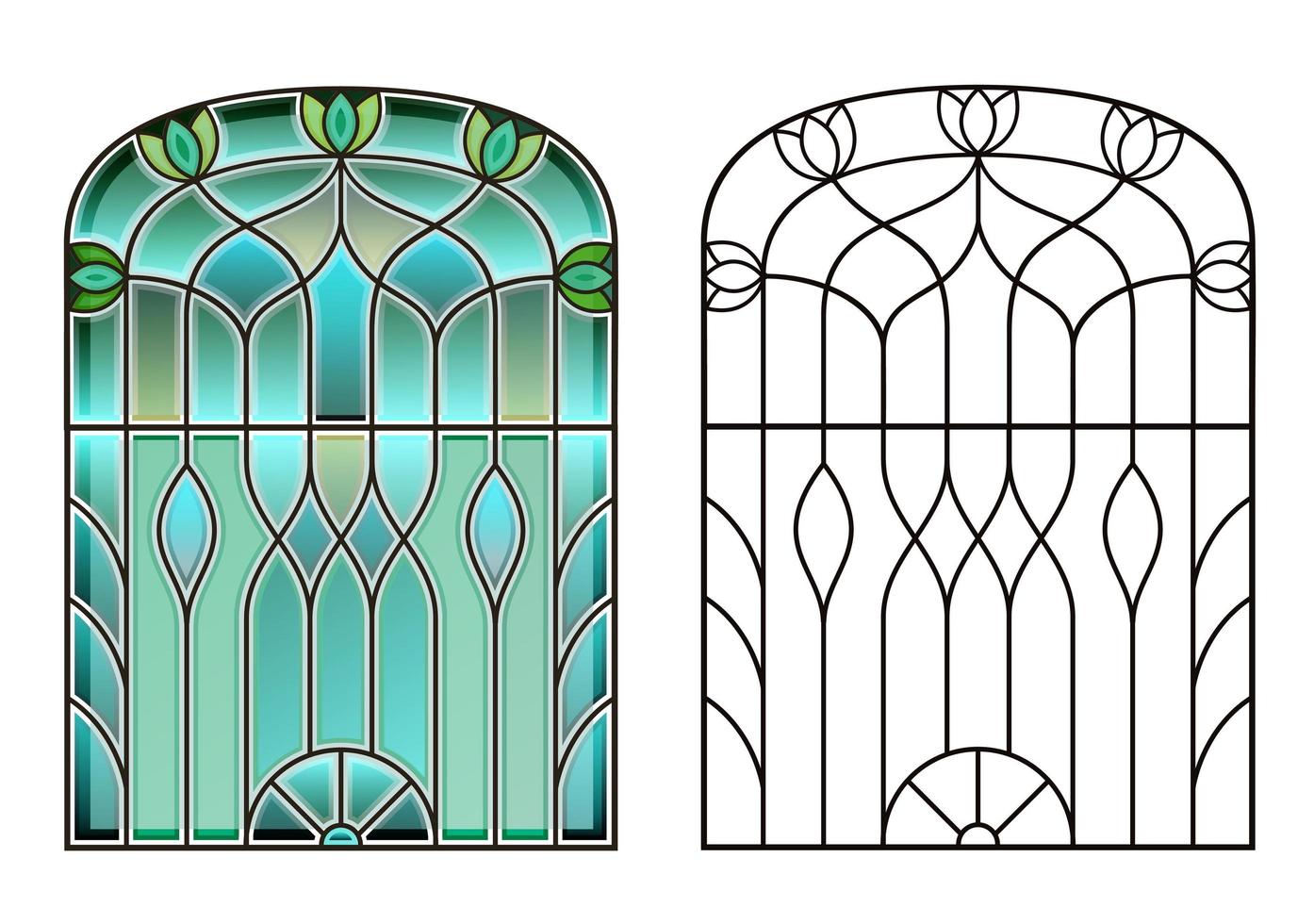 vecchia finestra d'epoca ad arco con vetro colorato vettore