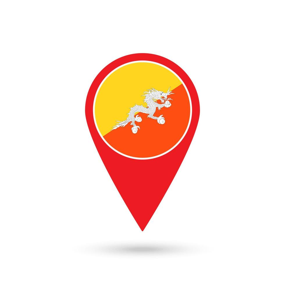 puntatore mappa con paese bhutan. bandiera del bhutan. illustrazione vettoriale. vettore