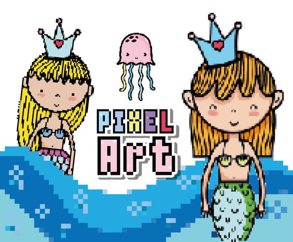 Cartoni animati del mondo acquatico Pixel art vettore