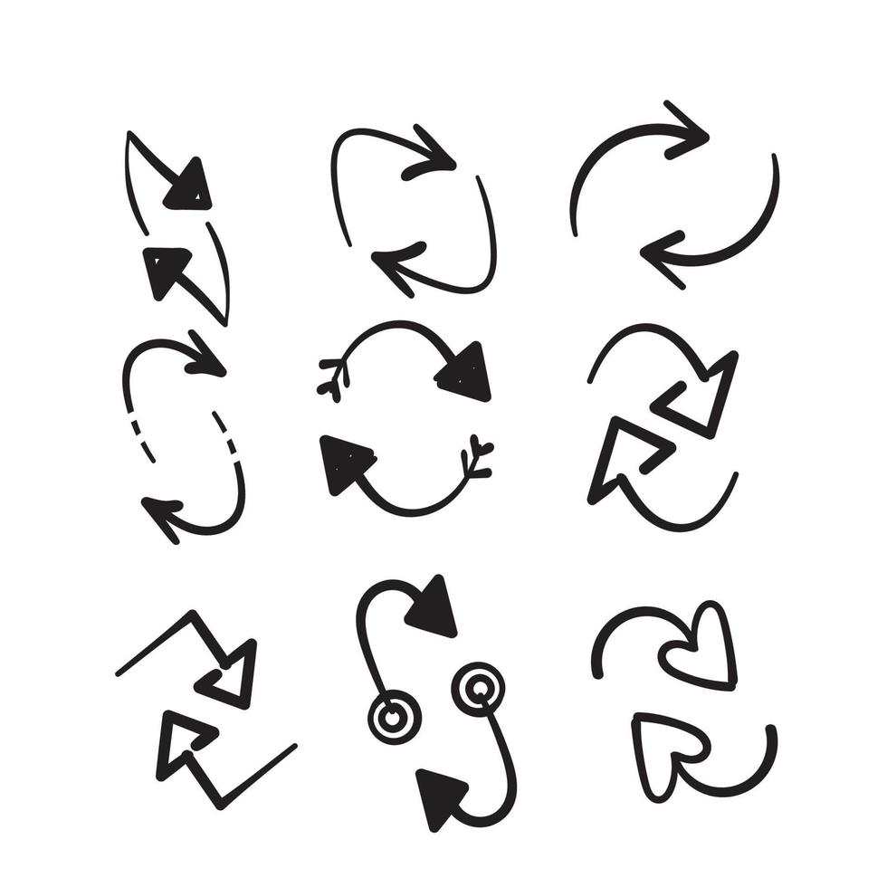 simbolo dell'icona di rotazione a due frecce di doodle disegnato a mano per riciclare, aggiornare o riavviare l'illustrazione vettore
