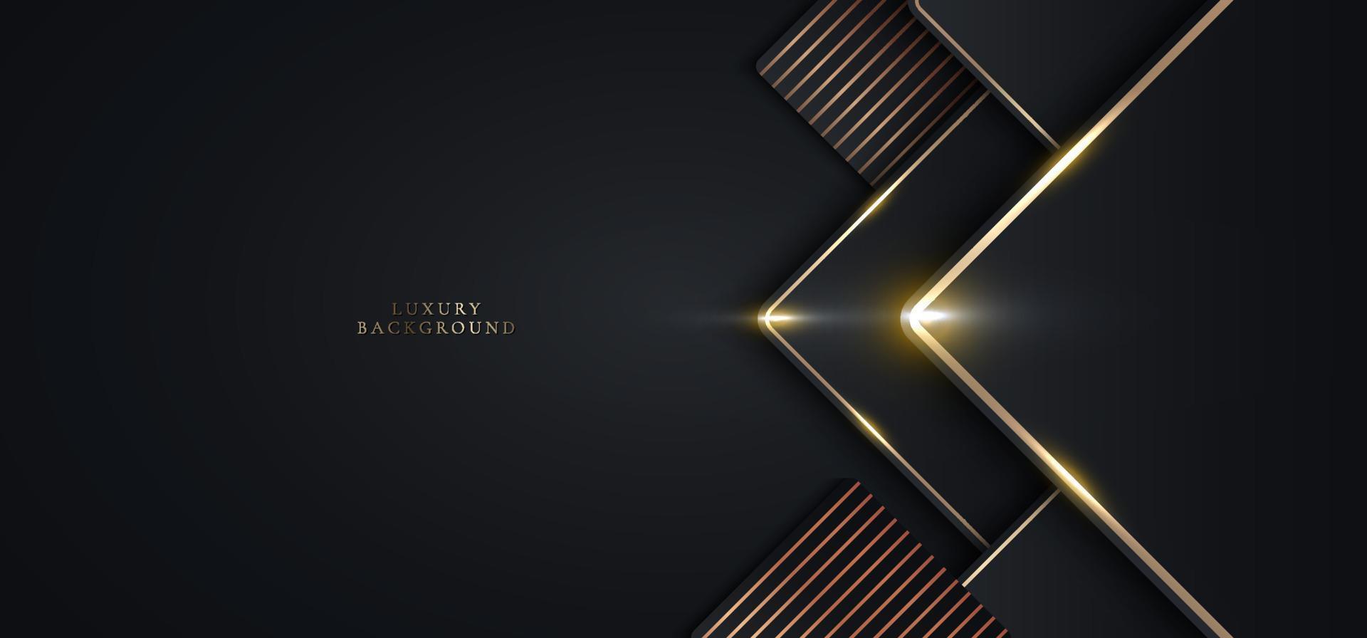 3d design moderno modello di lusso quadrati geometrici neri e strisce glitter dorate che accendono la luce su sfondo scuro vettore