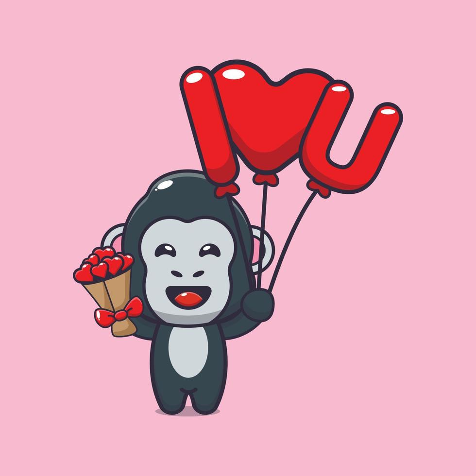 simpatico personaggio dei cartoni animati di gorilla che tiene un palloncino d'amore e fiori d'amore vettore