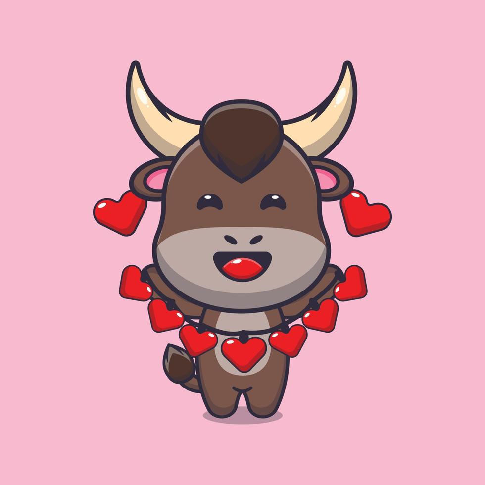 simpatico personaggio dei cartoni animati di toro che tiene il cuore di amore nel giorno di San Valentino vettore