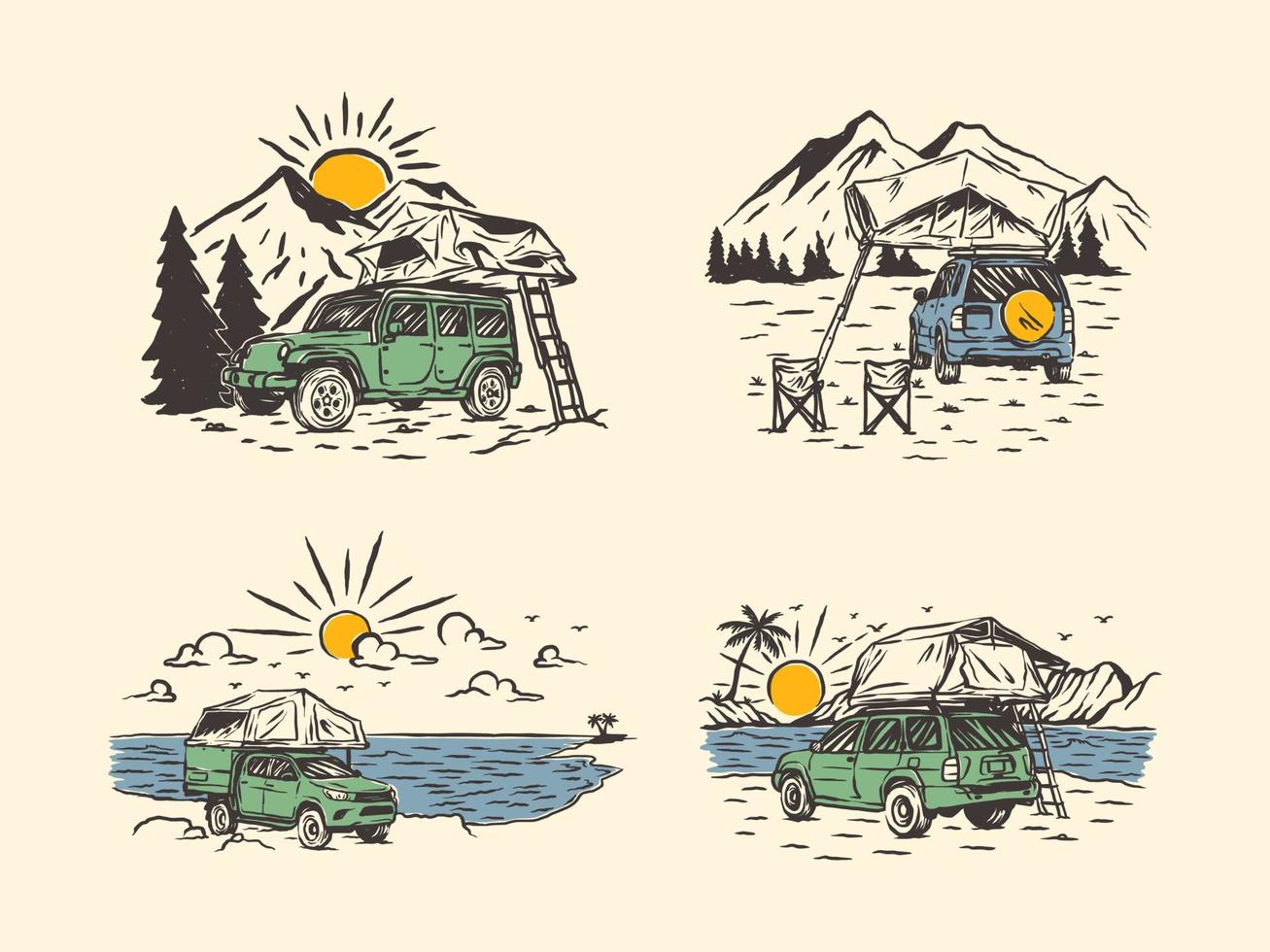 impostare l'etichetta del logo di avventure in camper disegnato a mano vintage vettore