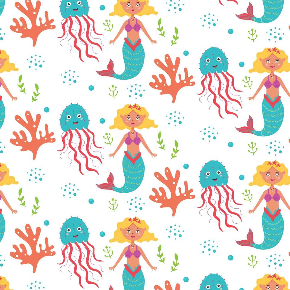 marine baby pattern sirena meduse coralli vettore