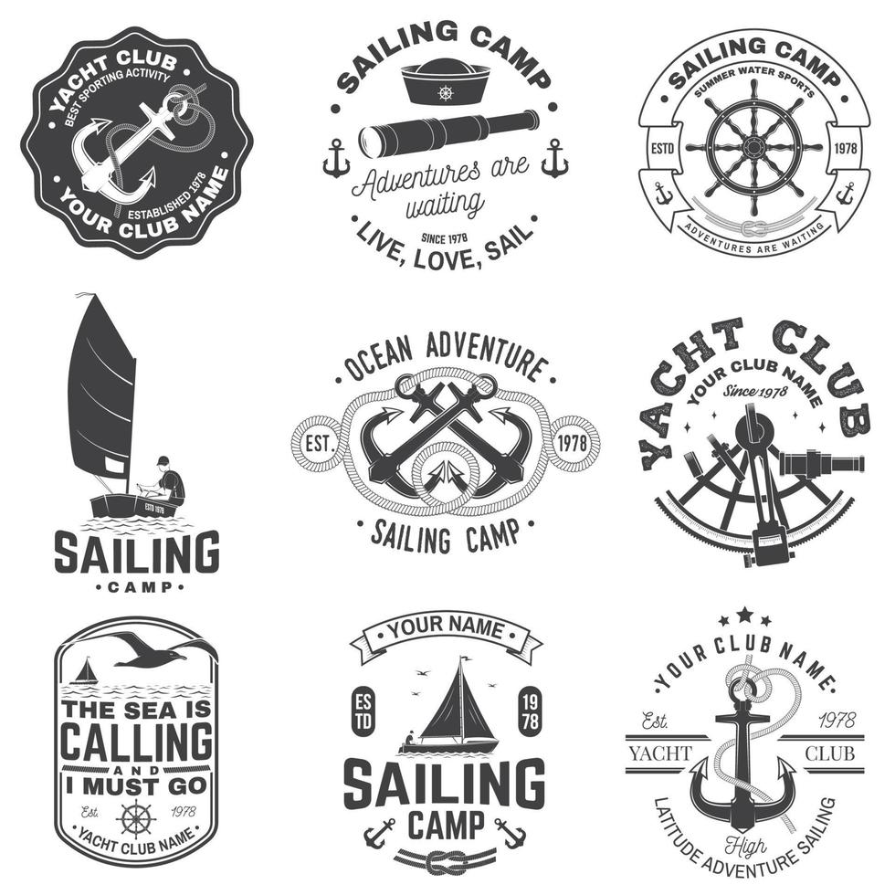 set di badge per il campo di vela e lo yacht club. vettore. concetto per camicia, stampa o t-shirt. design tipografico vintage con ancore mar nero, volantino, bussola e silhouette sestante. vettore