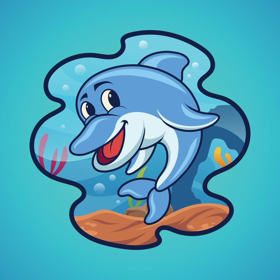 cartone animato delfino sotto il mare vettore