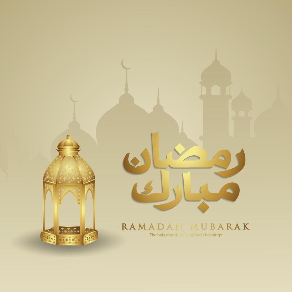 design biglietto di auguri momento ramadan con lussuosa calligrafia araba, luna crescente, lanterna tradizionale e modello di sfondo islamico texture modello moschea. vettore