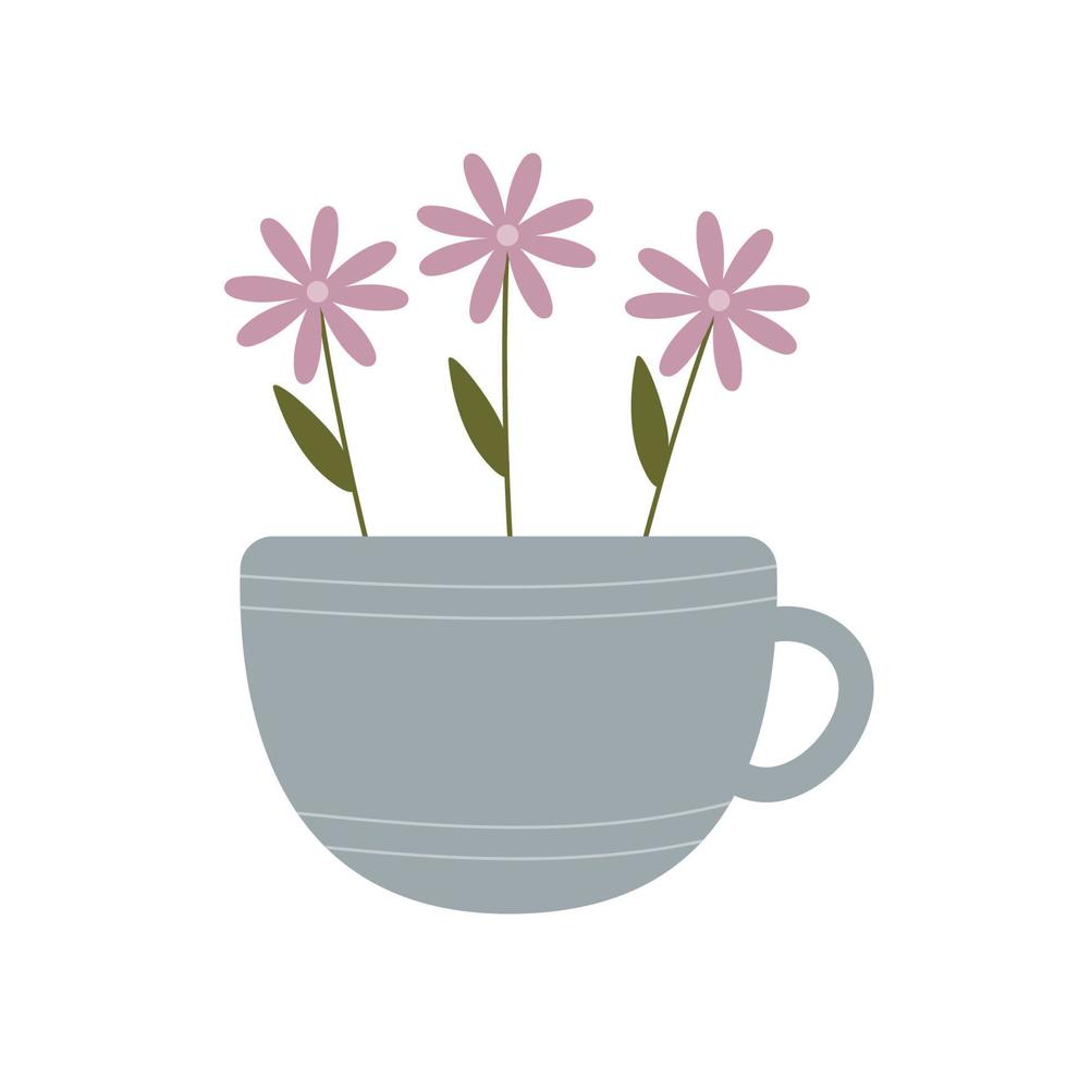 fiori disegnati a mano in tazza. illustrazione botanica semplice ed elegante carina. verde primavera. illustrazione per carte floreali, negozi, decorazioni pasquali. arredamento per la casa in semplice stile scandinavo. vettore