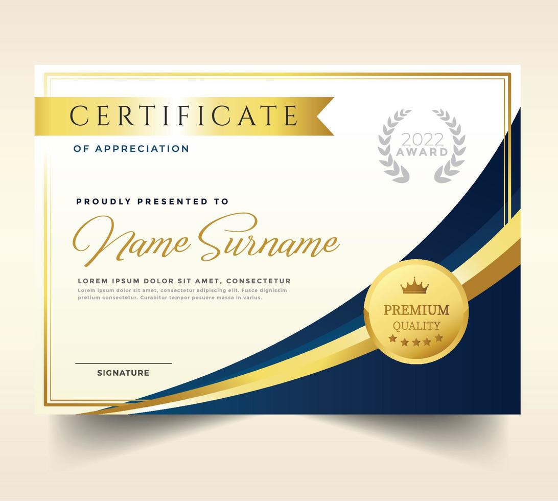 elegante modello di certificato di diploma blu e oro vettore