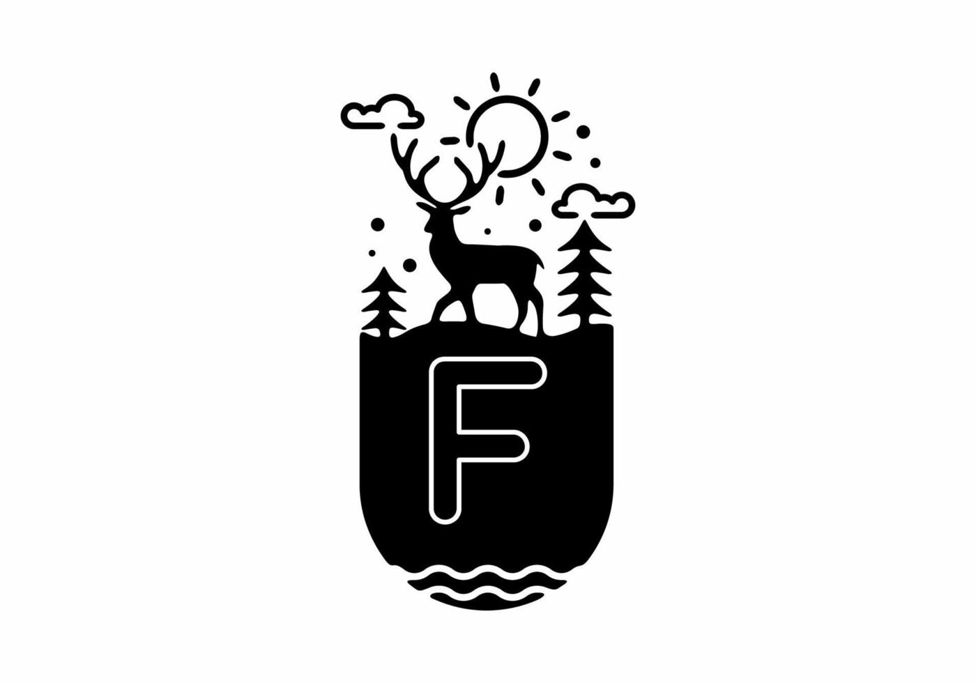 illustrazione di arte della linea nera del distintivo dei cervi con il nome iniziale di f nel mezzo vettore