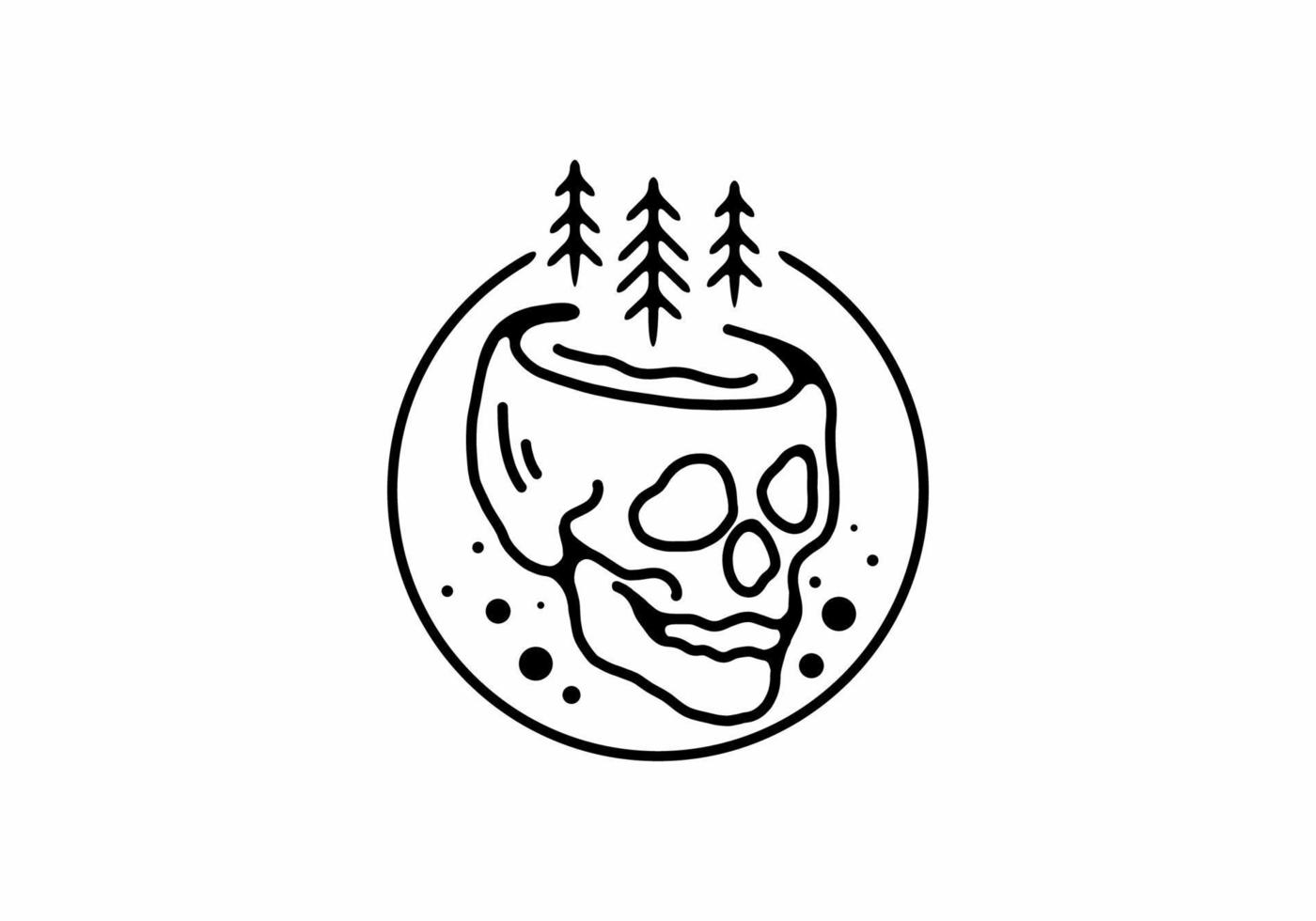 illustrazione di arte al tratto nero della testa di scheletro con alberi di pino a forma di cerchio vettore