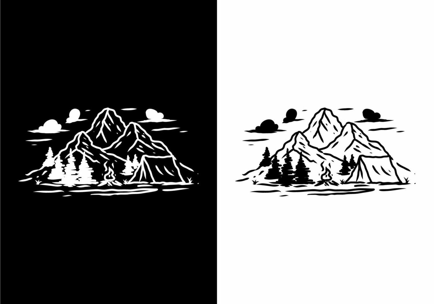 illustrazione in bianco e nero disegno di montagna e tenda da campeggio vettore