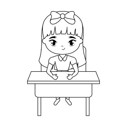 piccola studentessa seduta nel banco di scuola vettore
