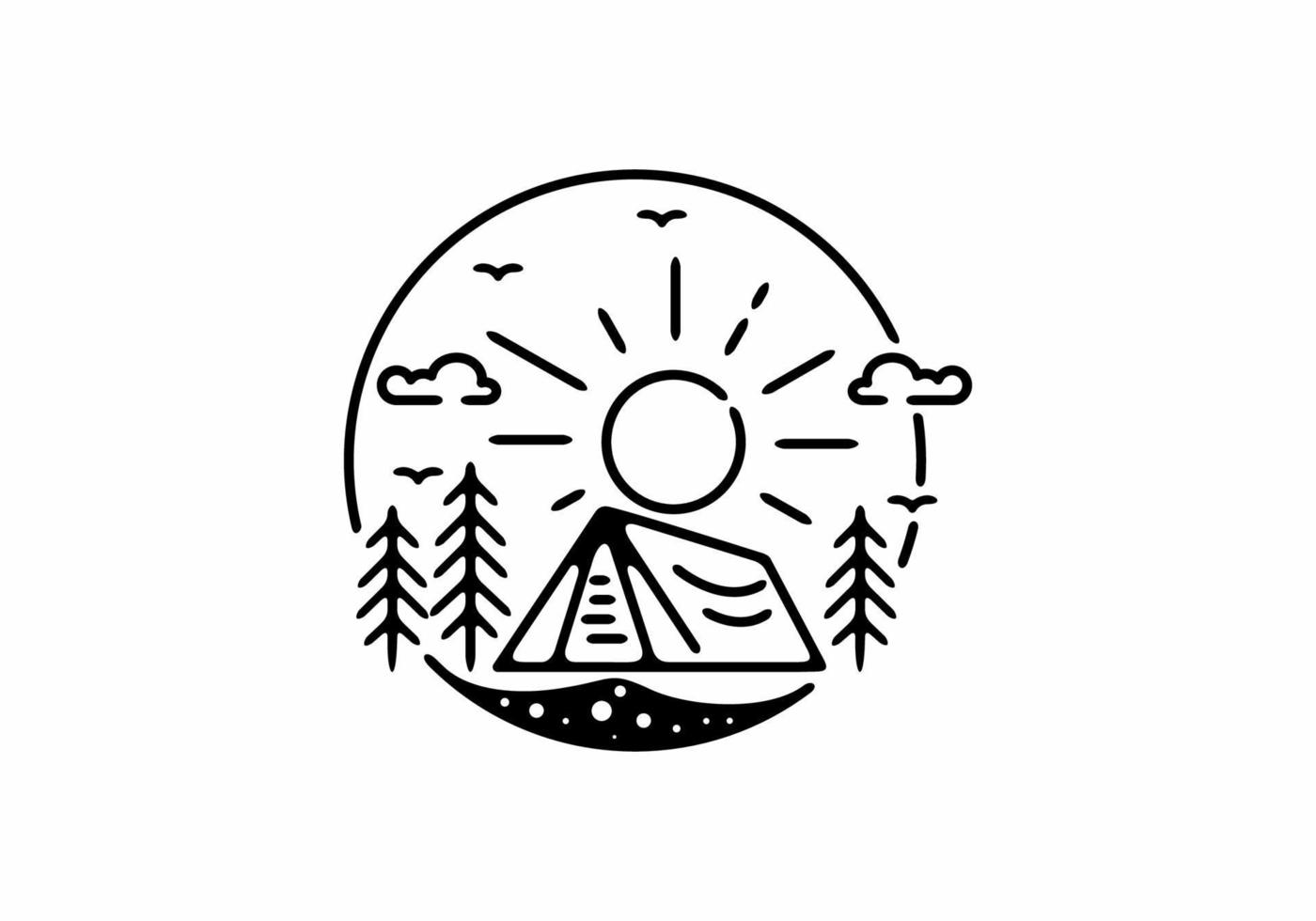 illustrazione di arte al tratto nero del badge da campeggio a forma di cerchio vettore