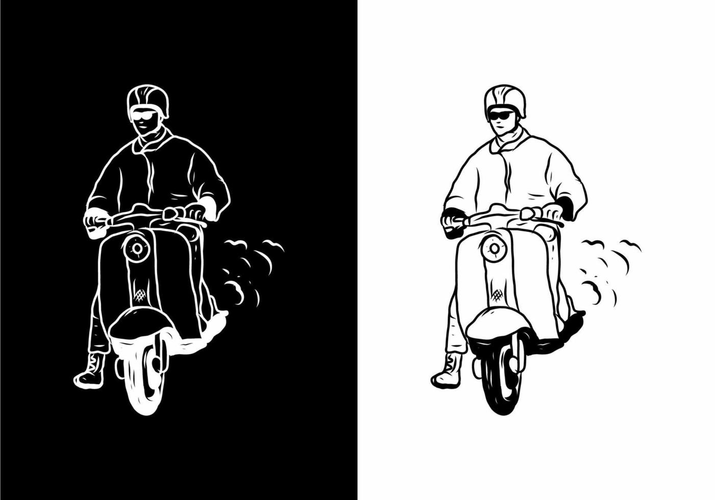 illustrazione in bianco e nero disegno di uomo con scooter vettore