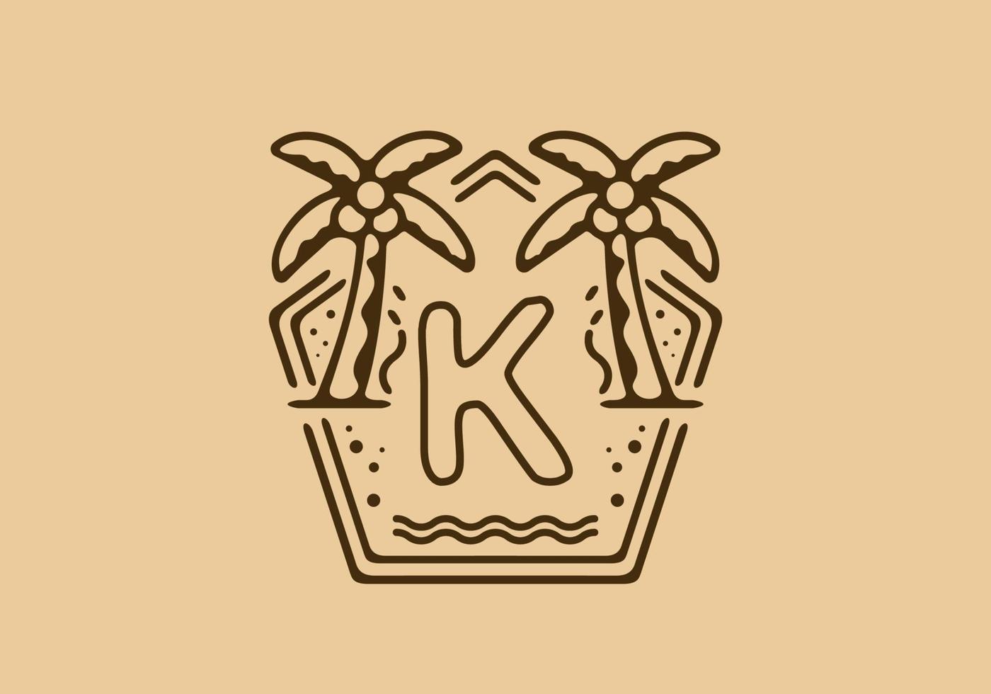 colore marrone chiaro e scuro del nome iniziale k nella cornice del tema della spiaggia vettore