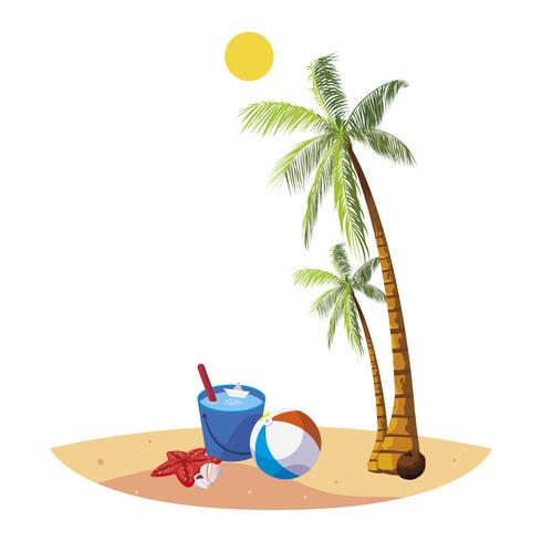 spiaggia estiva con palme e scena secchio d&#39;acqua vettore