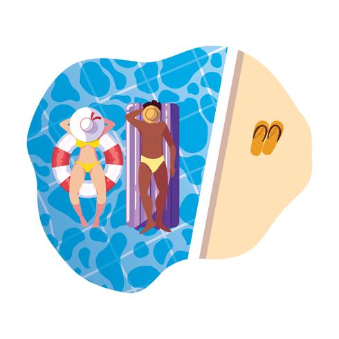 coppia interrazziale con costume da bagno e galleggiante in acqua vettore
