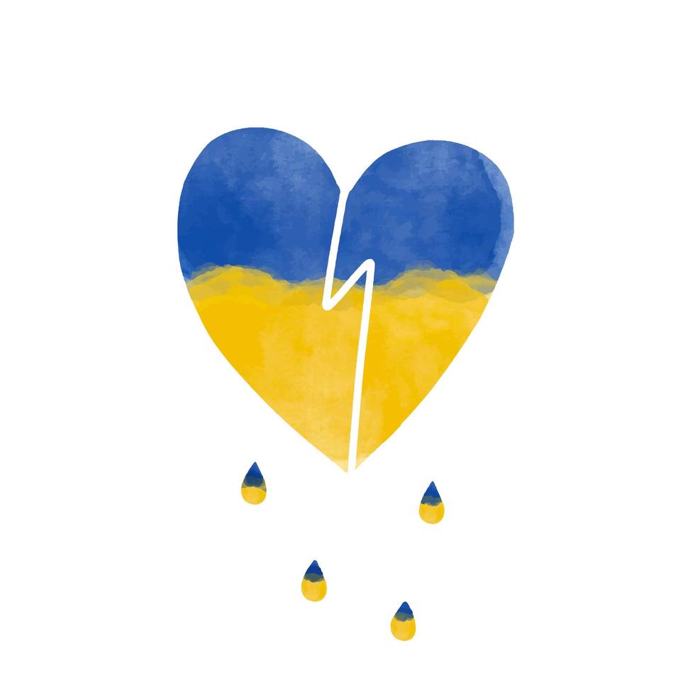 cuore dell'acquerello di grido rotto con la bandiera dell'ucraina. protesta internazionale, fermare la guerra contro l'Ucraina. vettore