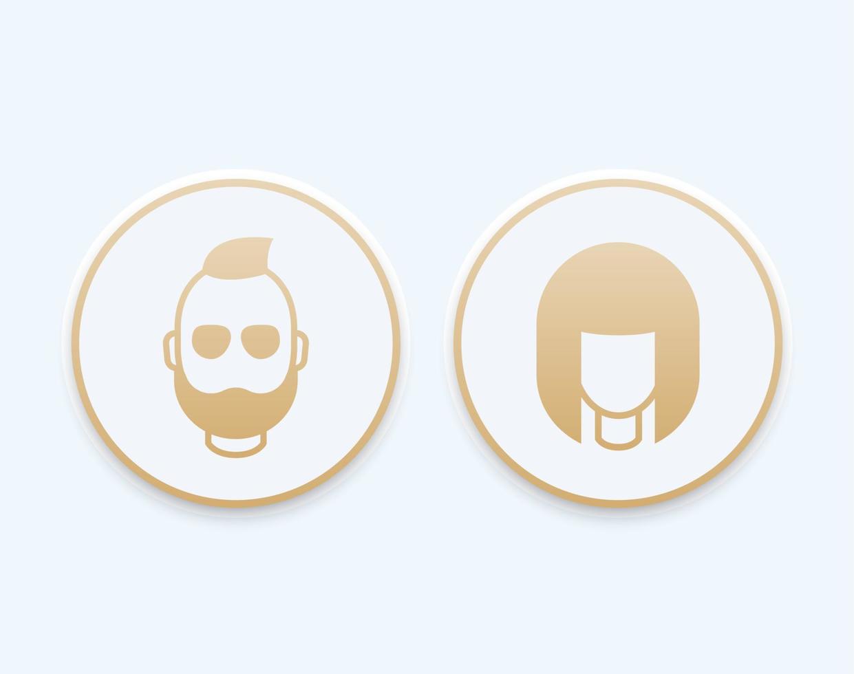 avatar icone alla moda rotonde, ragazza e uomo barbuto, pittogrammi di accesso in oro, illustrazione vettoriale