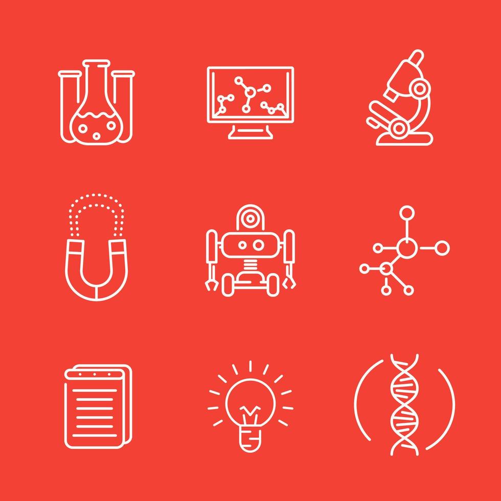 set di icone della linea scientifica, ricerca, studio, laboratorio, chimica, fisica, robotica, ingegneria meccanica vettore