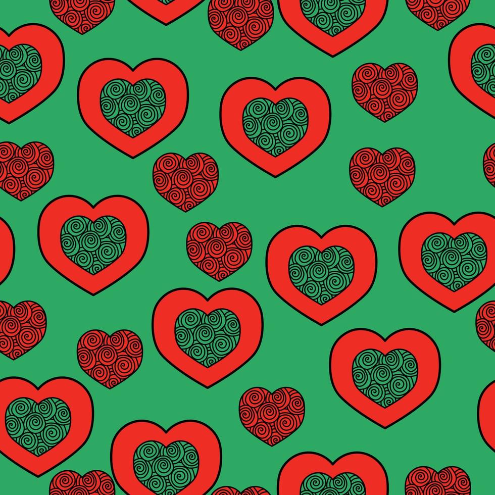 modello senza cuciture di cuori a spirale per San Valentino, cuori rossi su sfondo verde vettore