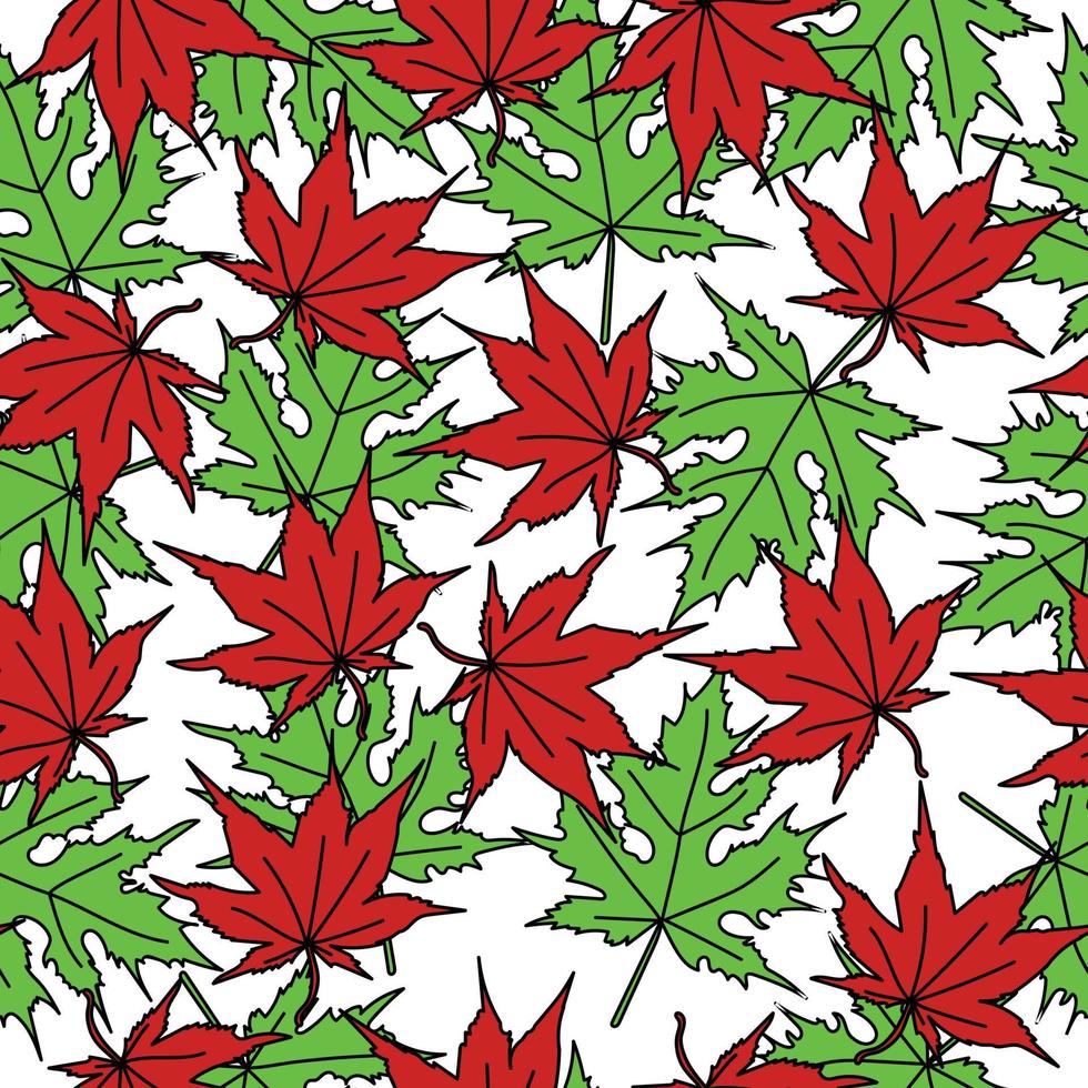 foglie d'acero motivo senza cuciture, foglie autunnali verdi e rosse in stile doodle su sfondo bianco vettore