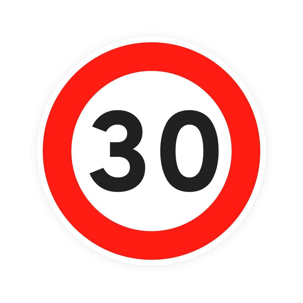 limite di velocità 30 rotondo icona del traffico stradale segno piatto stile illustrazione vettoriale isolato su sfondo bianco.