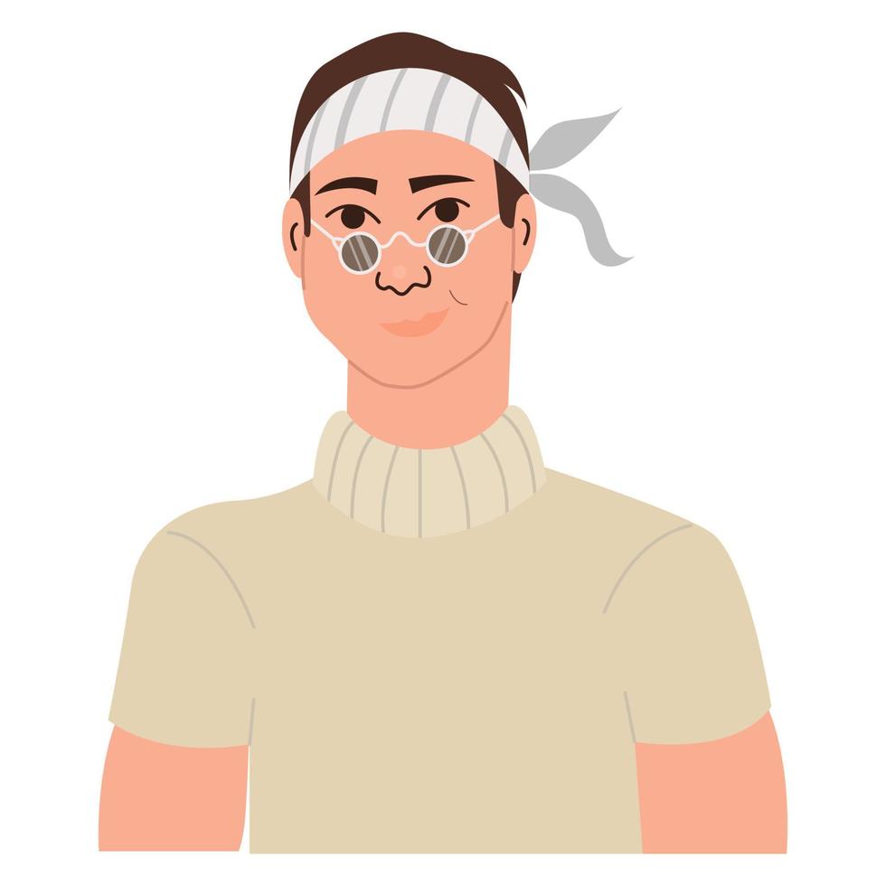 ritratto di ragazzo hipster sorridente felice con gli occhiali e bandana in testa. avatar di divertente personaggio maschile alla moda. illustrazione vettoriale piatta isolata su sfondo bianco