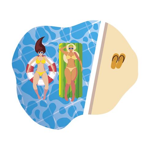 ragazze con costume da bagno in bagnino e materasso galleggiano in acqua vettore