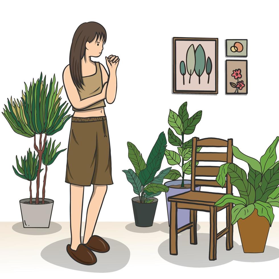 donna e piante nel soggiorno, mobili interni minimalisti. vettore