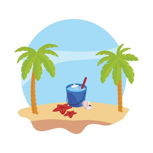 spiaggia estiva con palme e scena secchio d&#39;acqua vettore