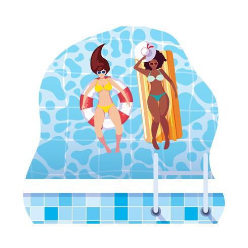 ragazze interrazziali con costume da bagno e bagnino galleggiano in acqua vettore